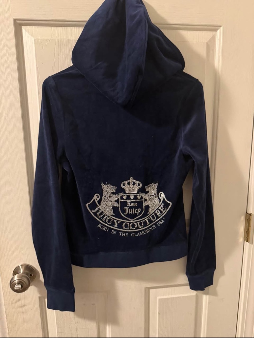 Juicy Couture Navy Velour Hoodie Jacket with Rhinestone Crest